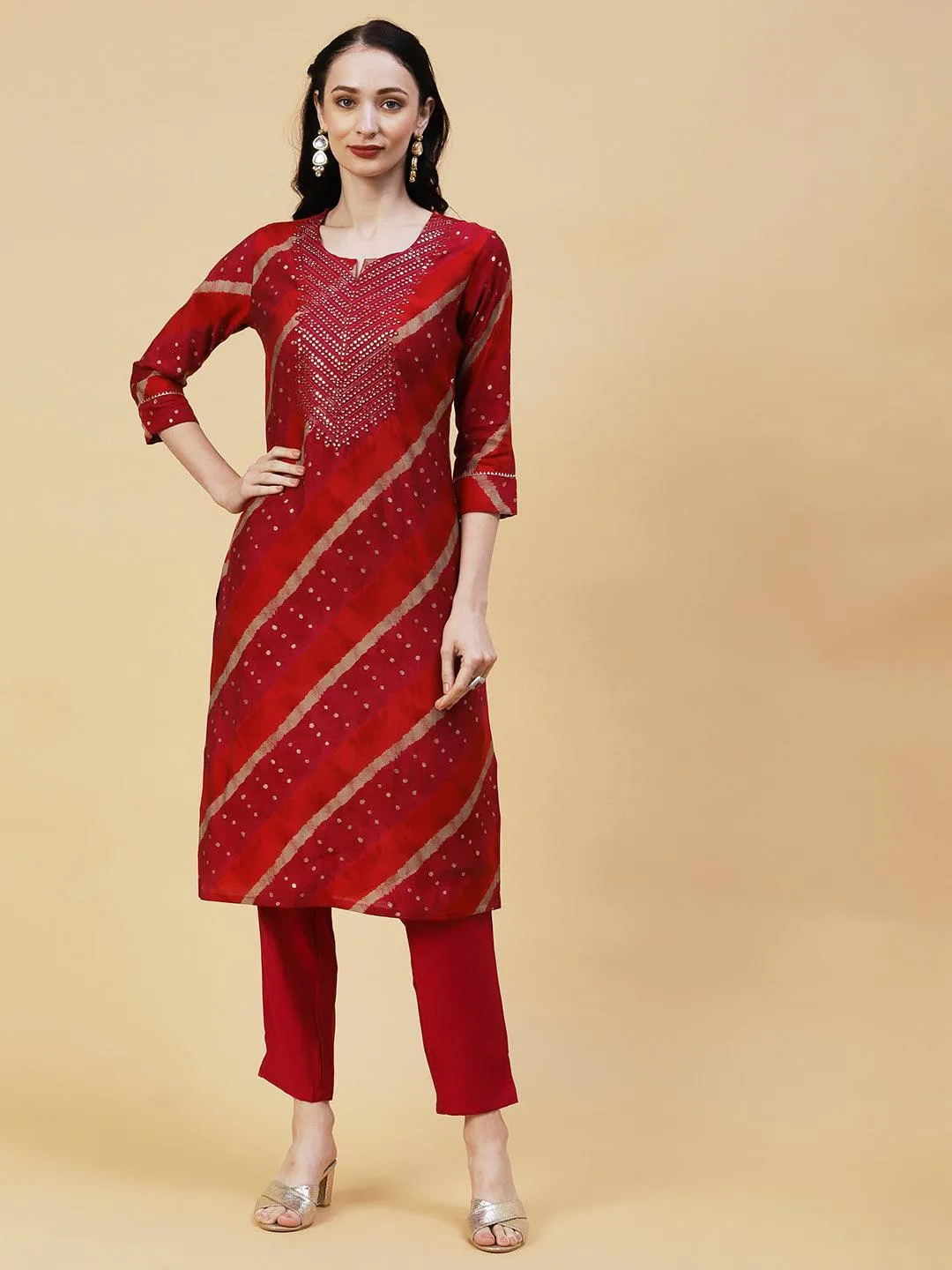 Lehriya & Foil Printed Mirror & Resham Embroidered Kurta With Pants - Red