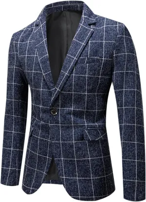 Men's Checked Blazer Notch Lapel Banquet One Button Tuxedos Jacket