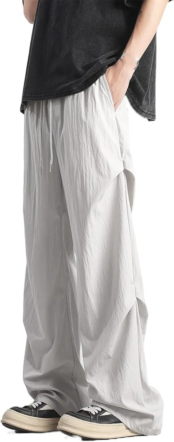 Men's Pant Ice Silk Loose Straight Leg Tactical Casual Wide Leg Trouser for Men