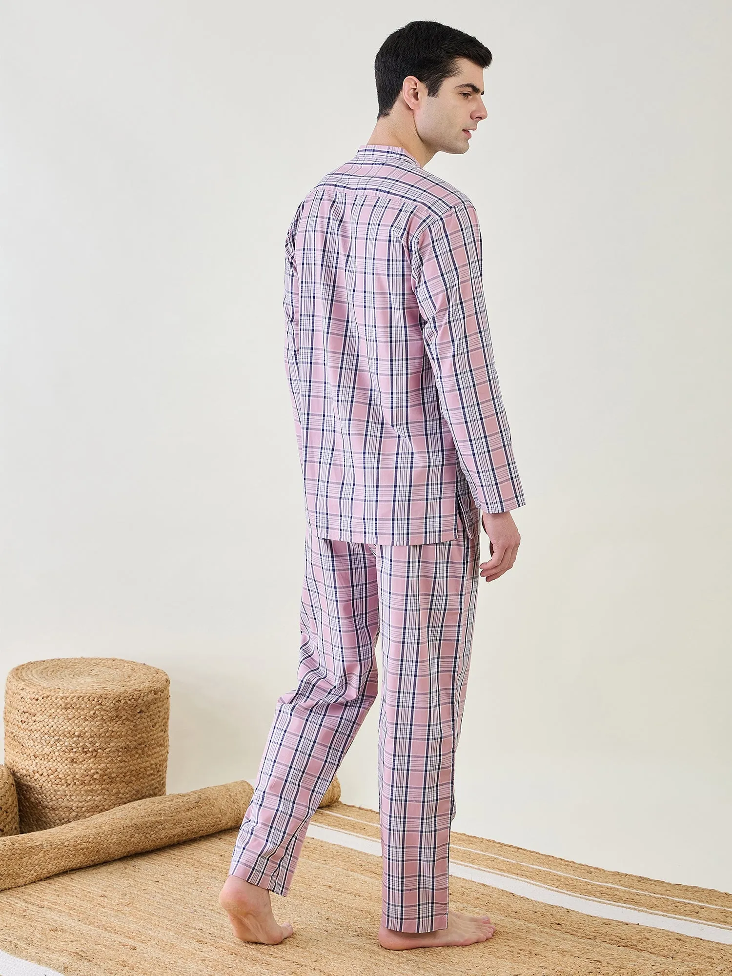Mens Pink Checks Cotton  Pyjama  Set