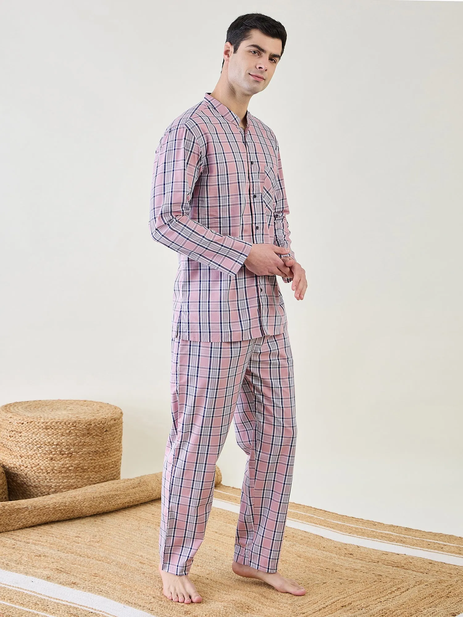 Mens Pink Checks Cotton  Pyjama  Set