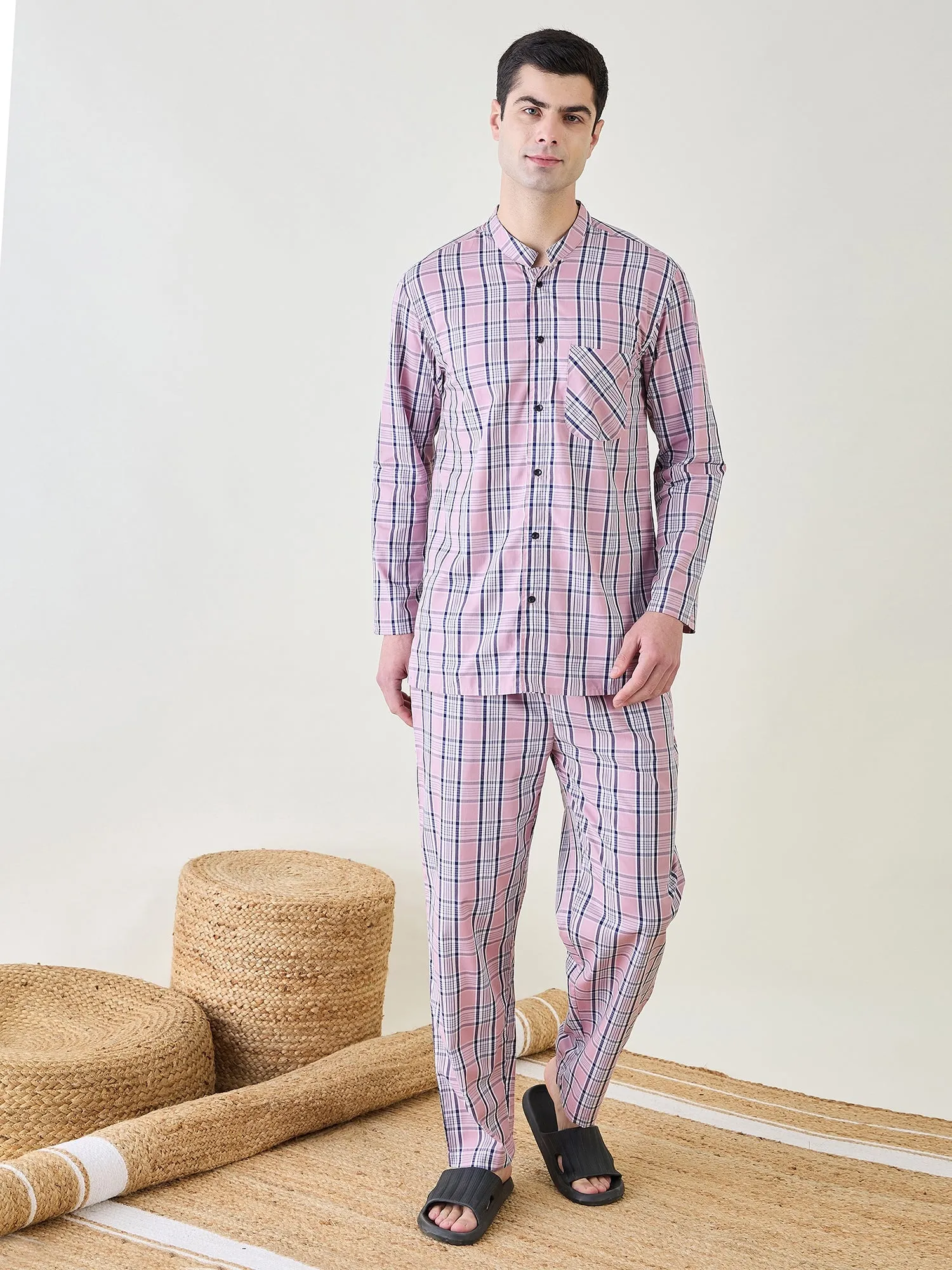 Mens Pink Checks Cotton  Pyjama  Set