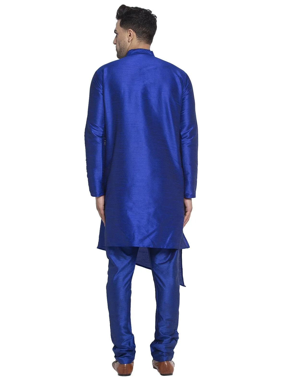 Men's Royal Blue Solid Asymmetric Kurta With Churidaar Pyjama - Benstoke