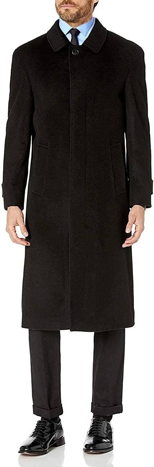 Men's Single Breasted Black Luxury Wool/Cashmere Full Length Winter Topcoat