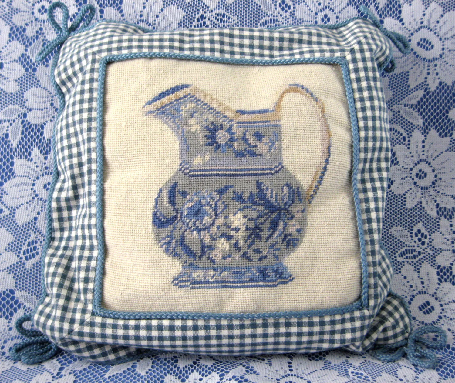 Pair of Blue And White Petit Point Gingham Pillows Transferware jugs 1980s Lillian Vernon
