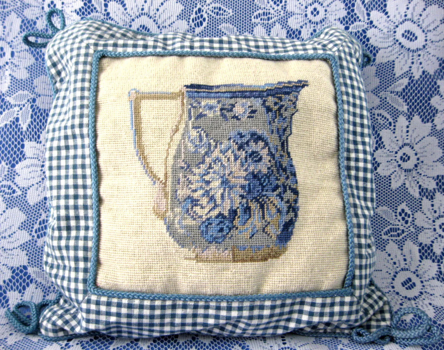 Pair of Blue And White Petit Point Gingham Pillows Transferware jugs 1980s Lillian Vernon