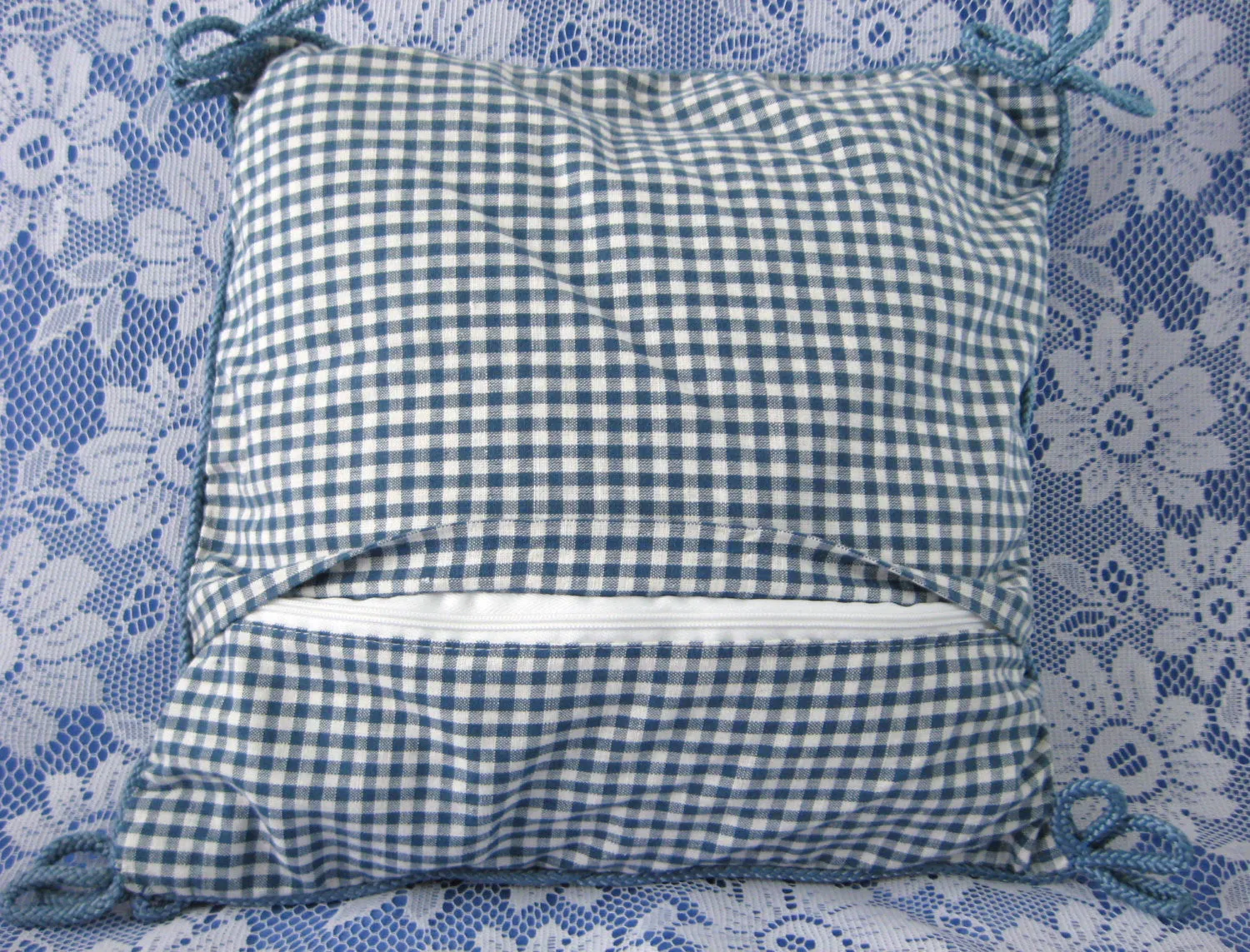 Pair of Blue And White Petit Point Gingham Pillows Transferware jugs 1980s Lillian Vernon