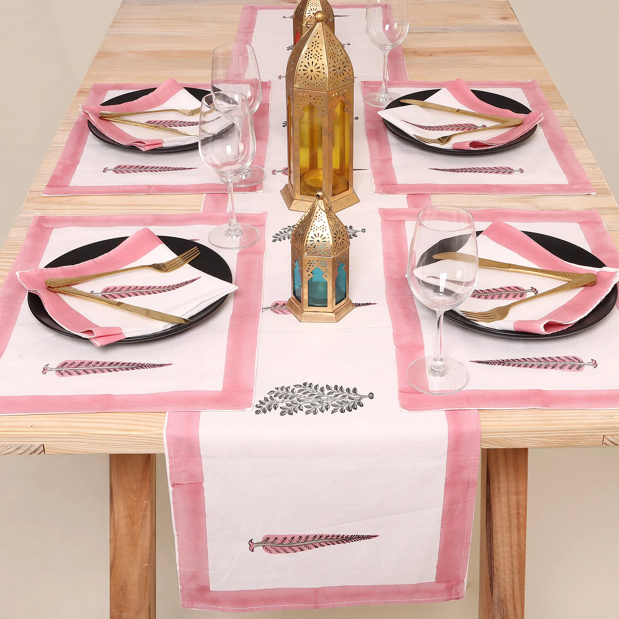 Pink Leaf Block Printed Cotton Table Mats And Runners