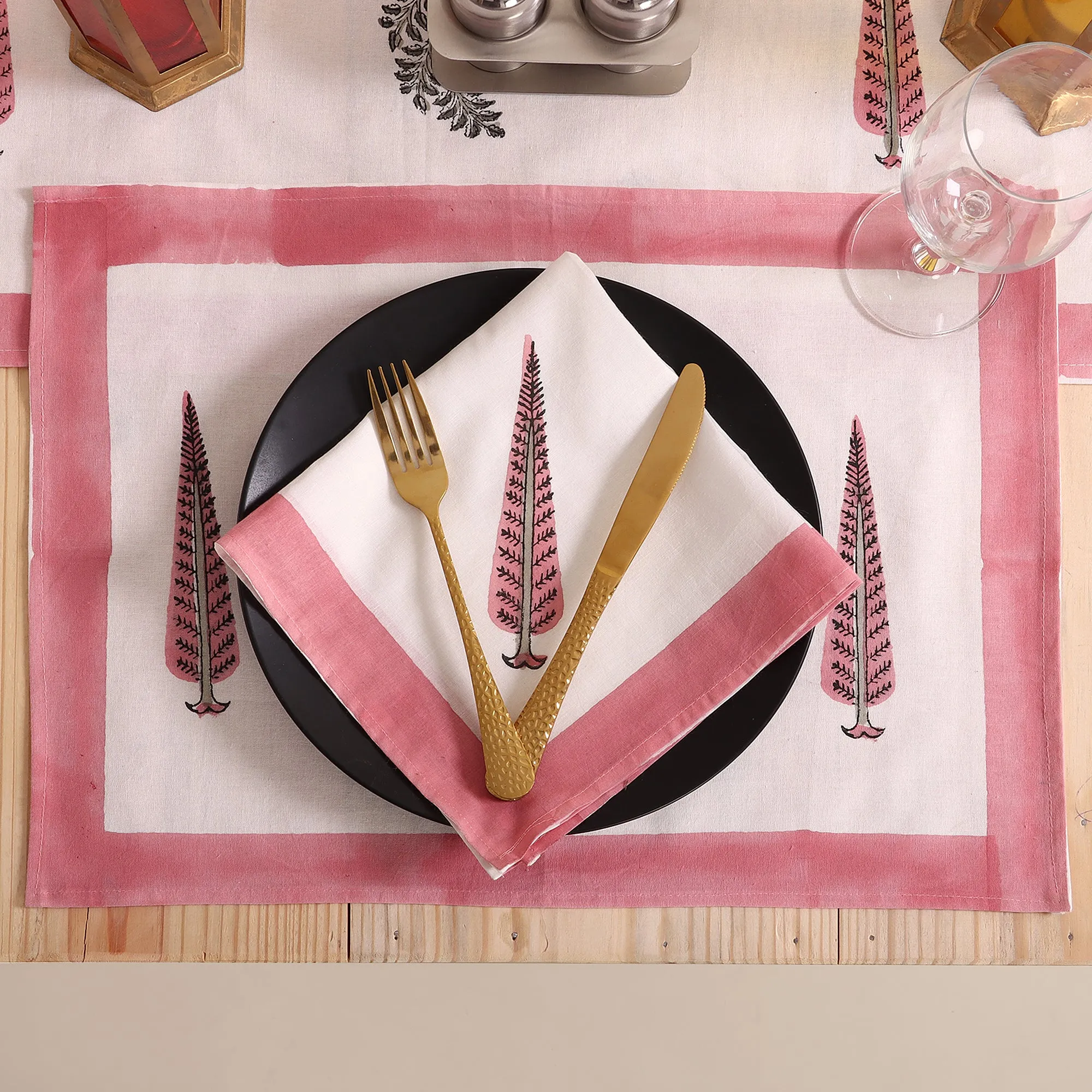 Pink Leaf Block Printed Cotton Table Mats And Runners