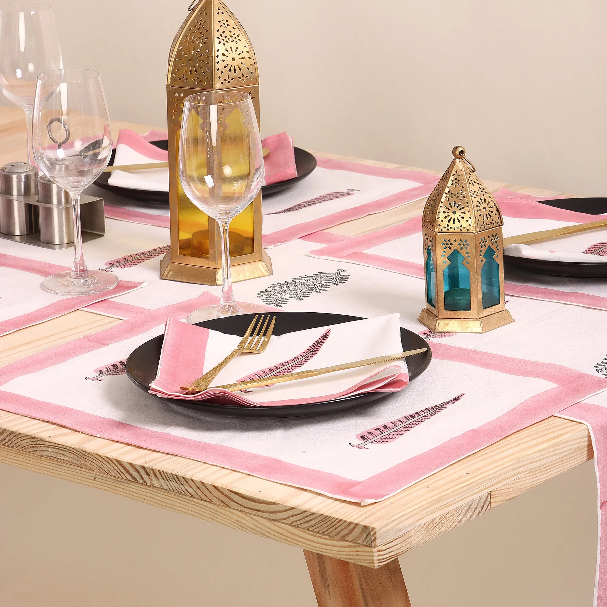 Pink Leaf Block Printed Cotton Table Mats And Runners