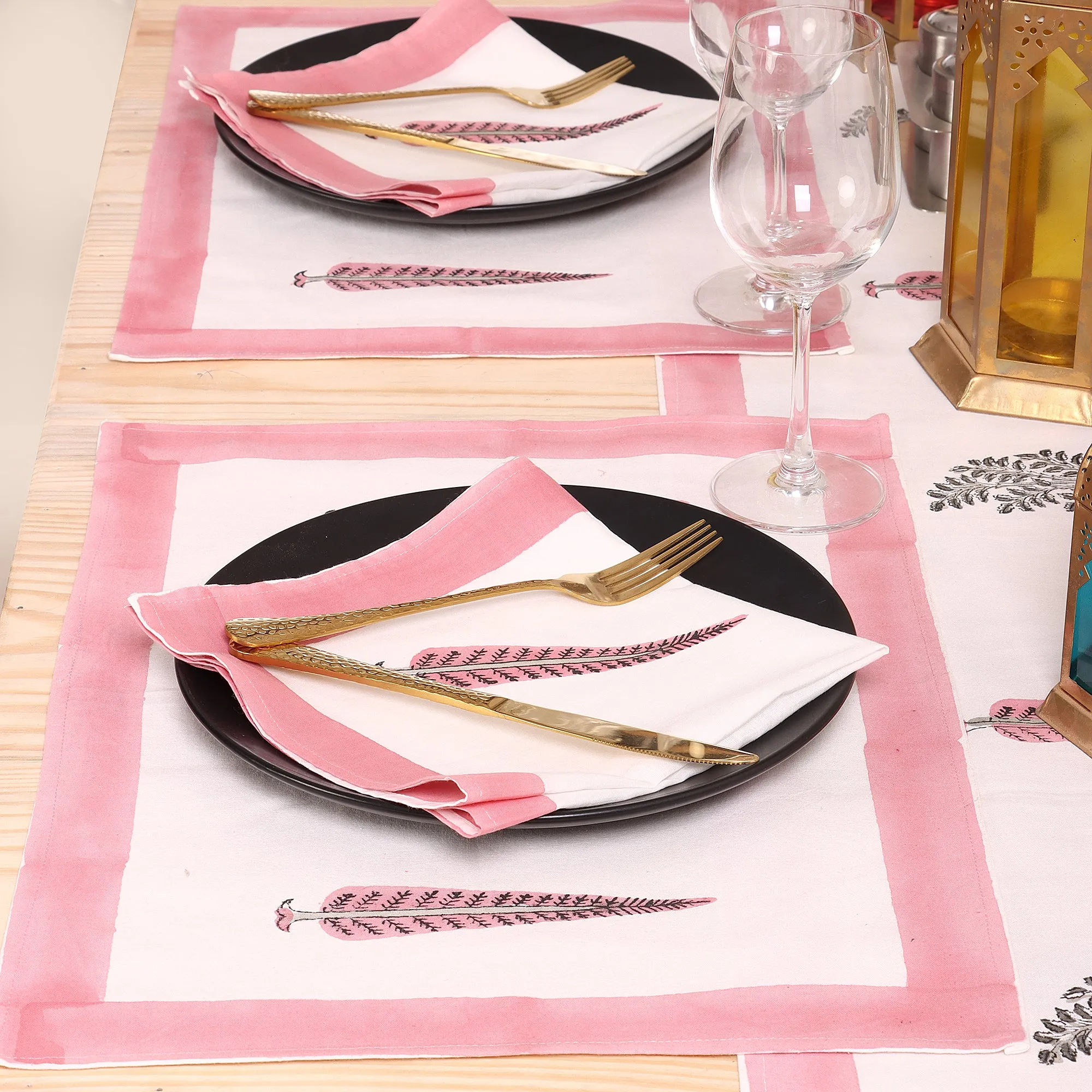 Pink Leaf Block Printed Cotton Table Mats And Runners