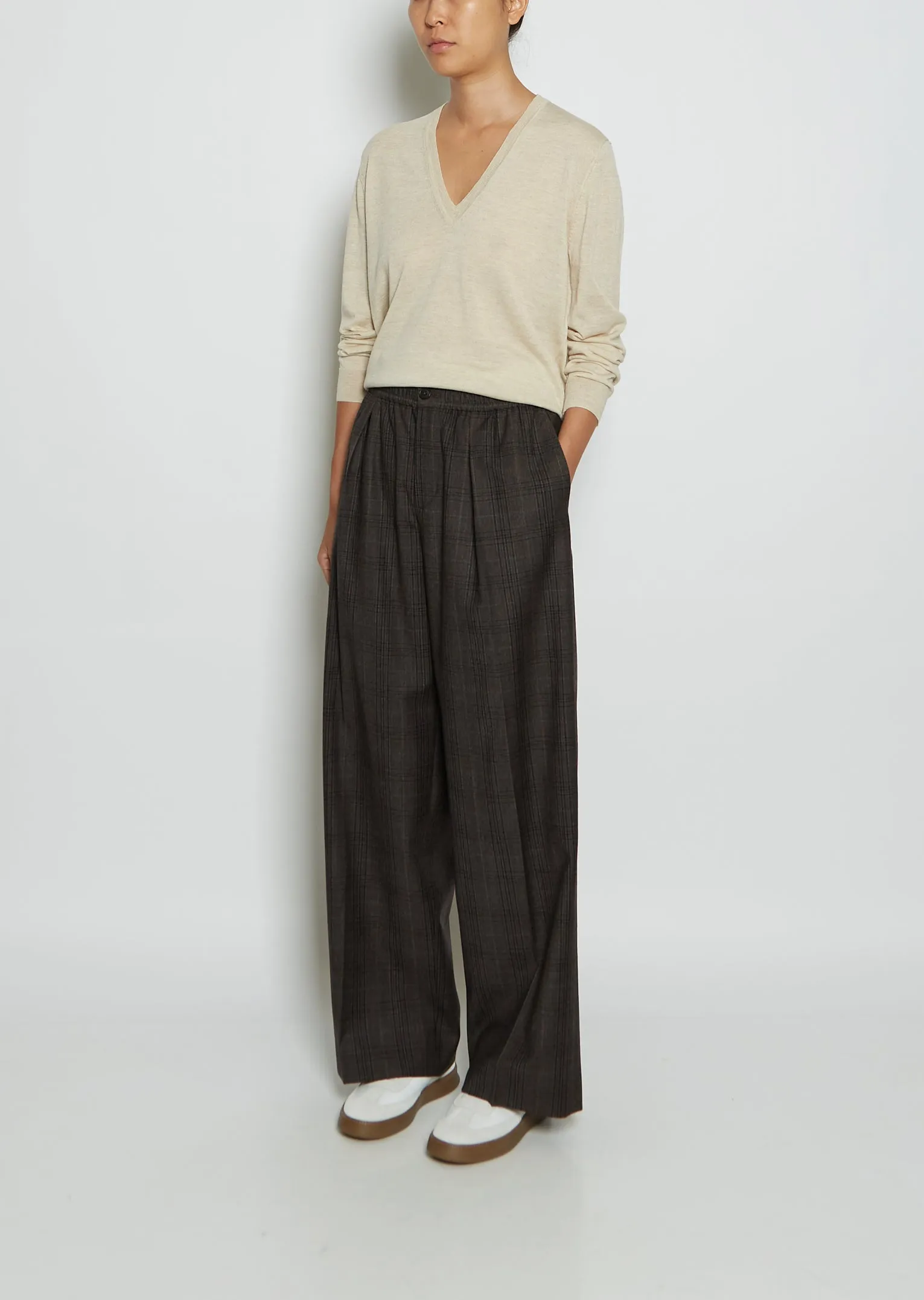 Pleated Long Virgin Wool Pull-On Pant