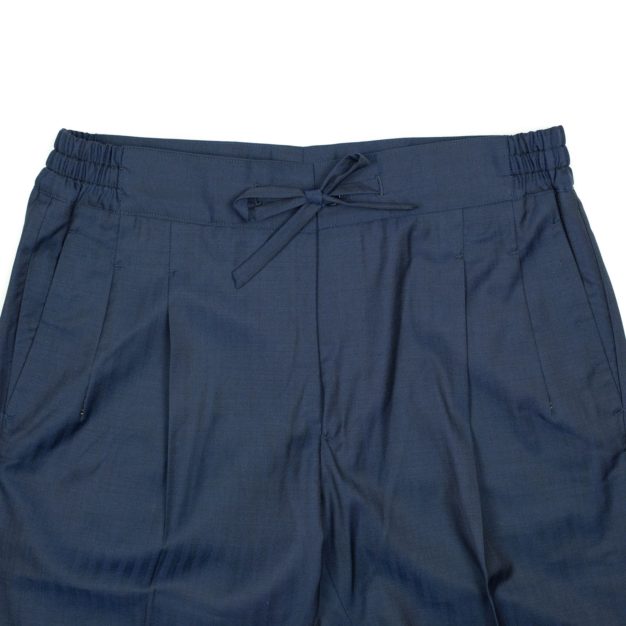 Pleated Lounge trousers in navy herringbone wool Solaro
