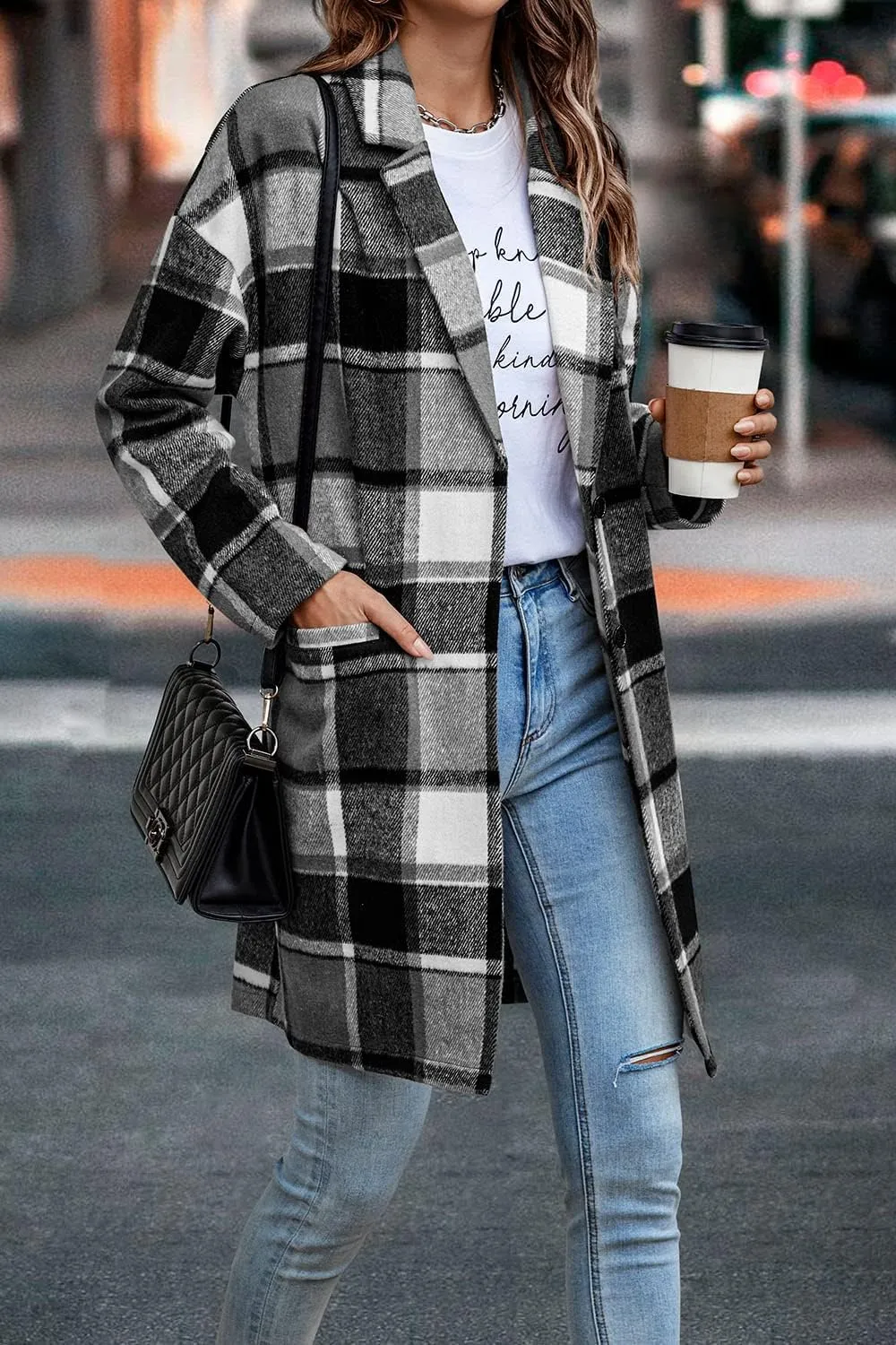 PRETTYGARDEN Women's Plaid Shacket Jacket Trendy Casual Button Wool Blend Winter Tartan Trench Coat with Pockets