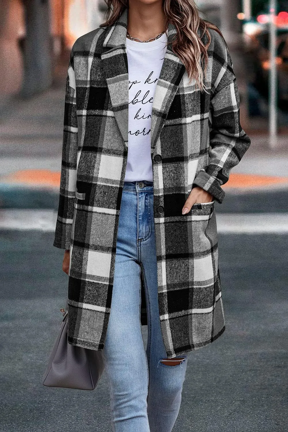 PRETTYGARDEN Women's Plaid Shacket Jacket Trendy Casual Button Wool Blend Winter Tartan Trench Coat with Pockets
