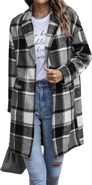 PRETTYGARDEN Women's Plaid Shacket Jacket Trendy Casual Button Wool Blend Winter Tartan Trench Coat with Pockets