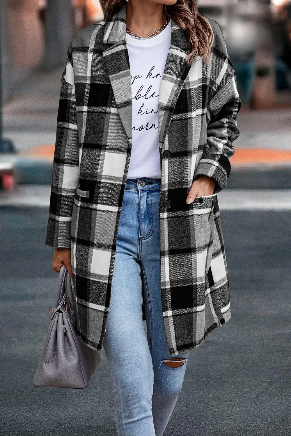 PRETTYGARDEN Women's Plaid Shacket Jacket Trendy Casual Button Wool Blend Winter Tartan Trench Coat with Pockets