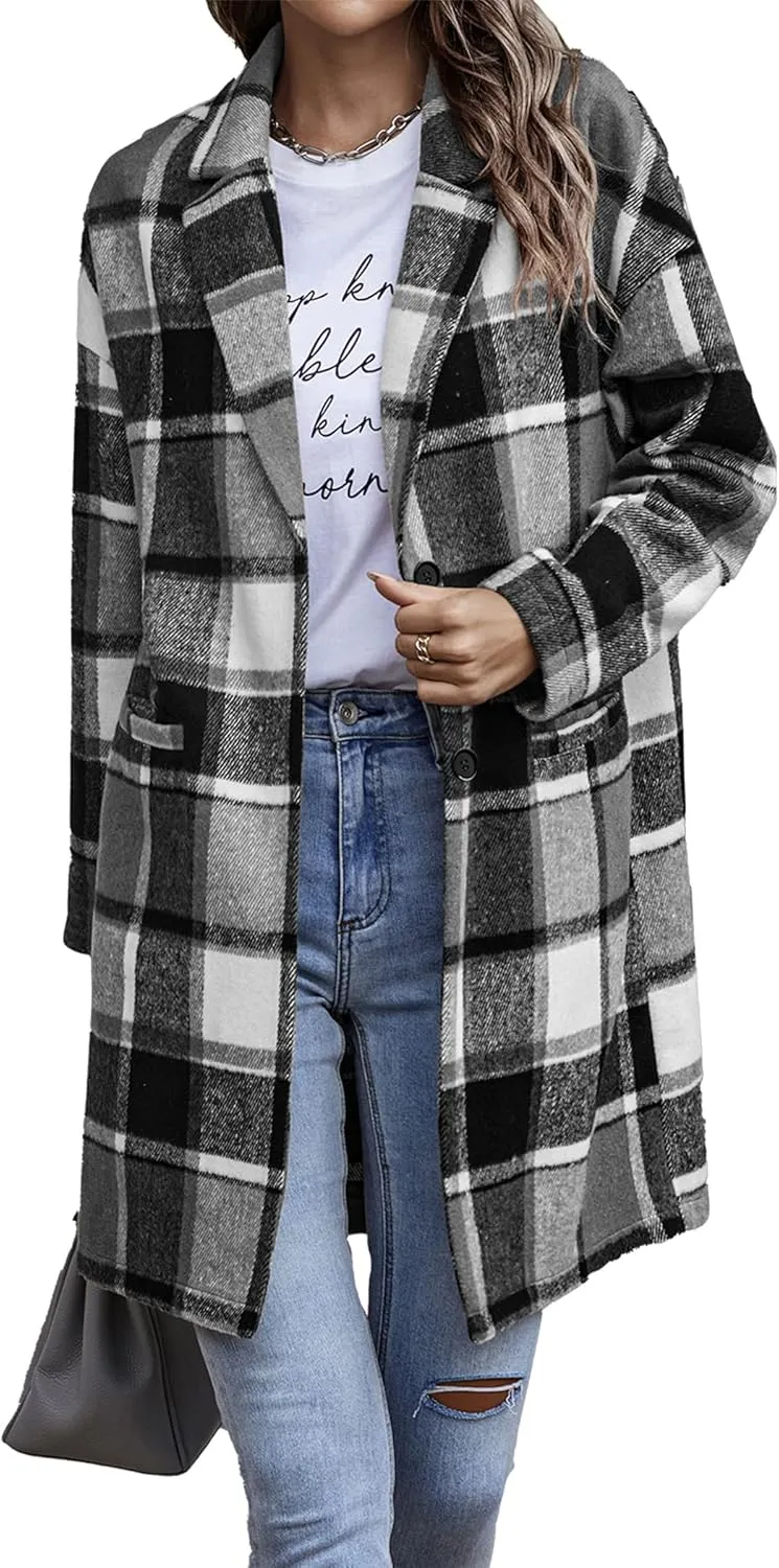 PRETTYGARDEN Women's Plaid Shacket Jacket Trendy Casual Button Wool Blend Winter Tartan Trench Coat with Pockets