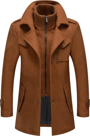 PRIJOUHE Men's Wool Blend Jacket Single Breasted Slim Fit Thick Winter Windproof Pea Coat with Removable Scarf