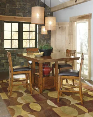 Ralene - Medium Brown - 5 Pc. - Rectangular Dining Room Counter Extension Table, 4 Upholstered Barstools