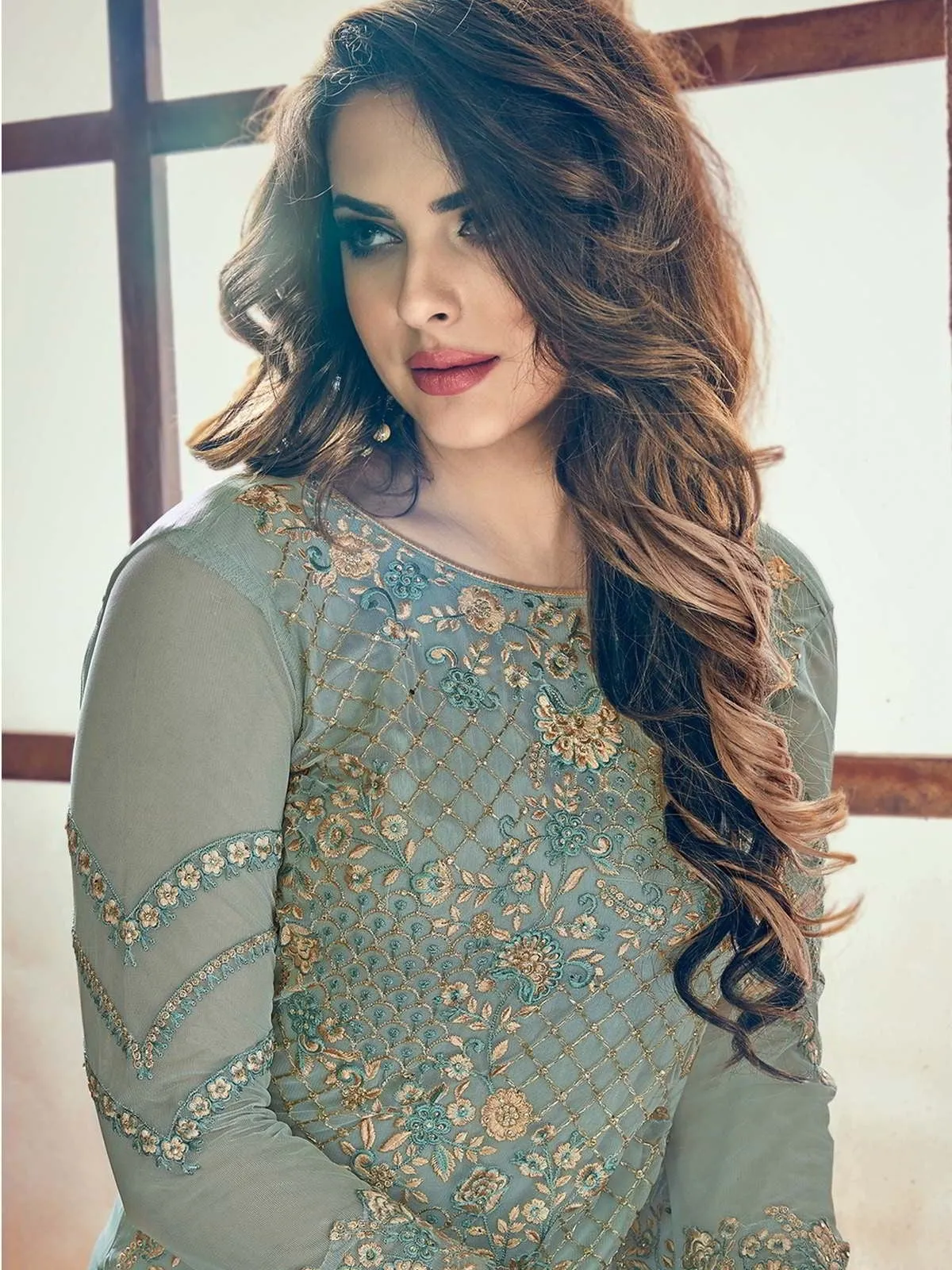 Teal And Beige Minimalist Embroidered Pant Suit