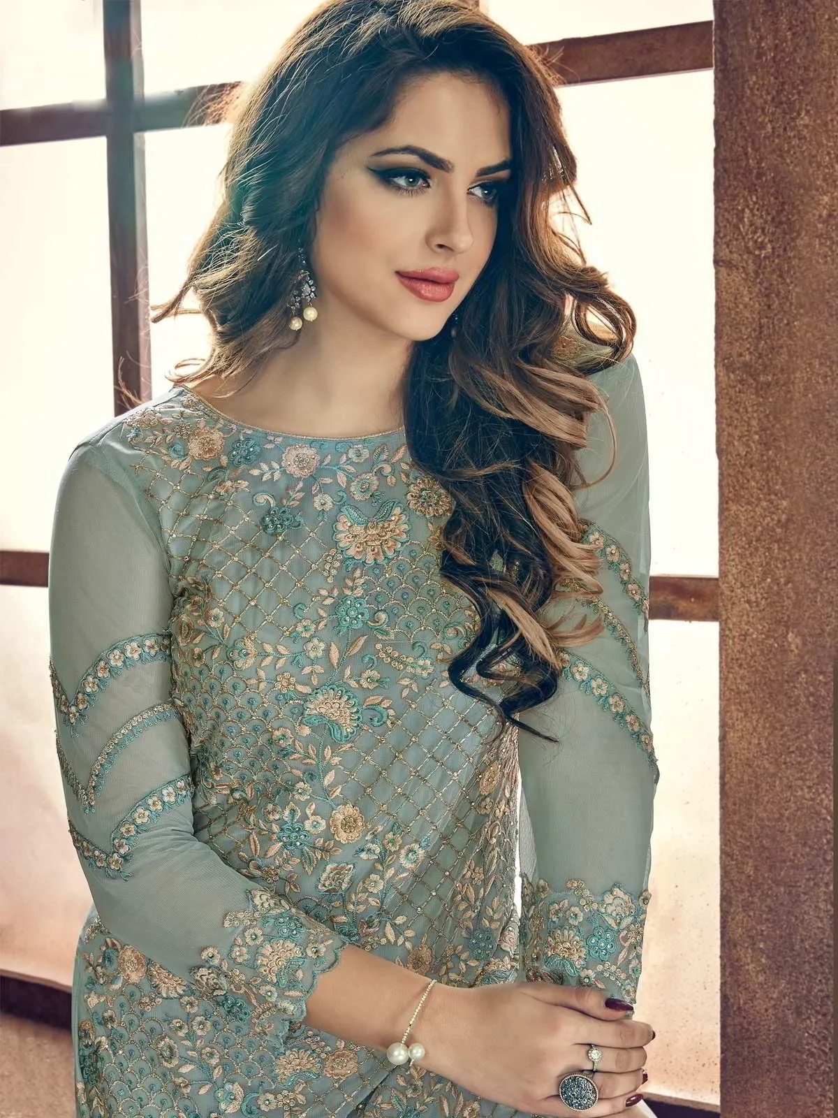 Teal And Beige Minimalist Embroidered Pant Suit