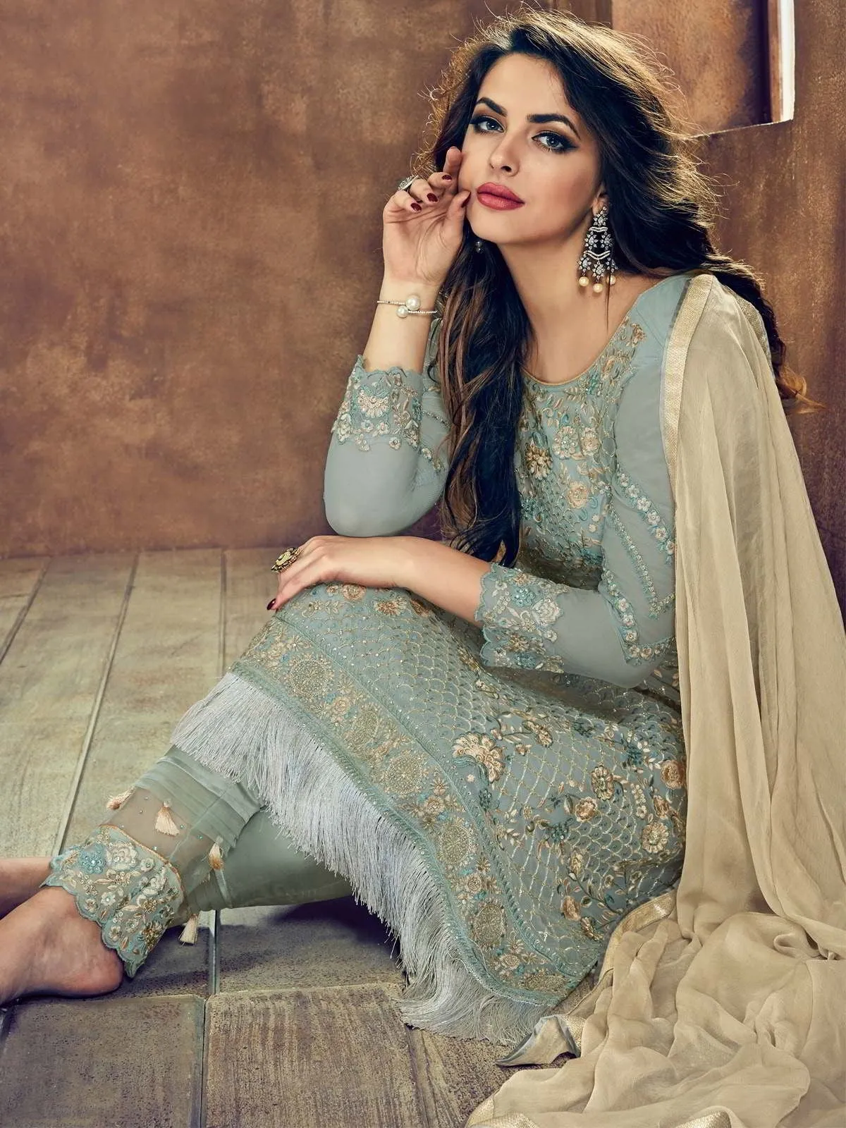 Teal And Beige Minimalist Embroidered Pant Suit