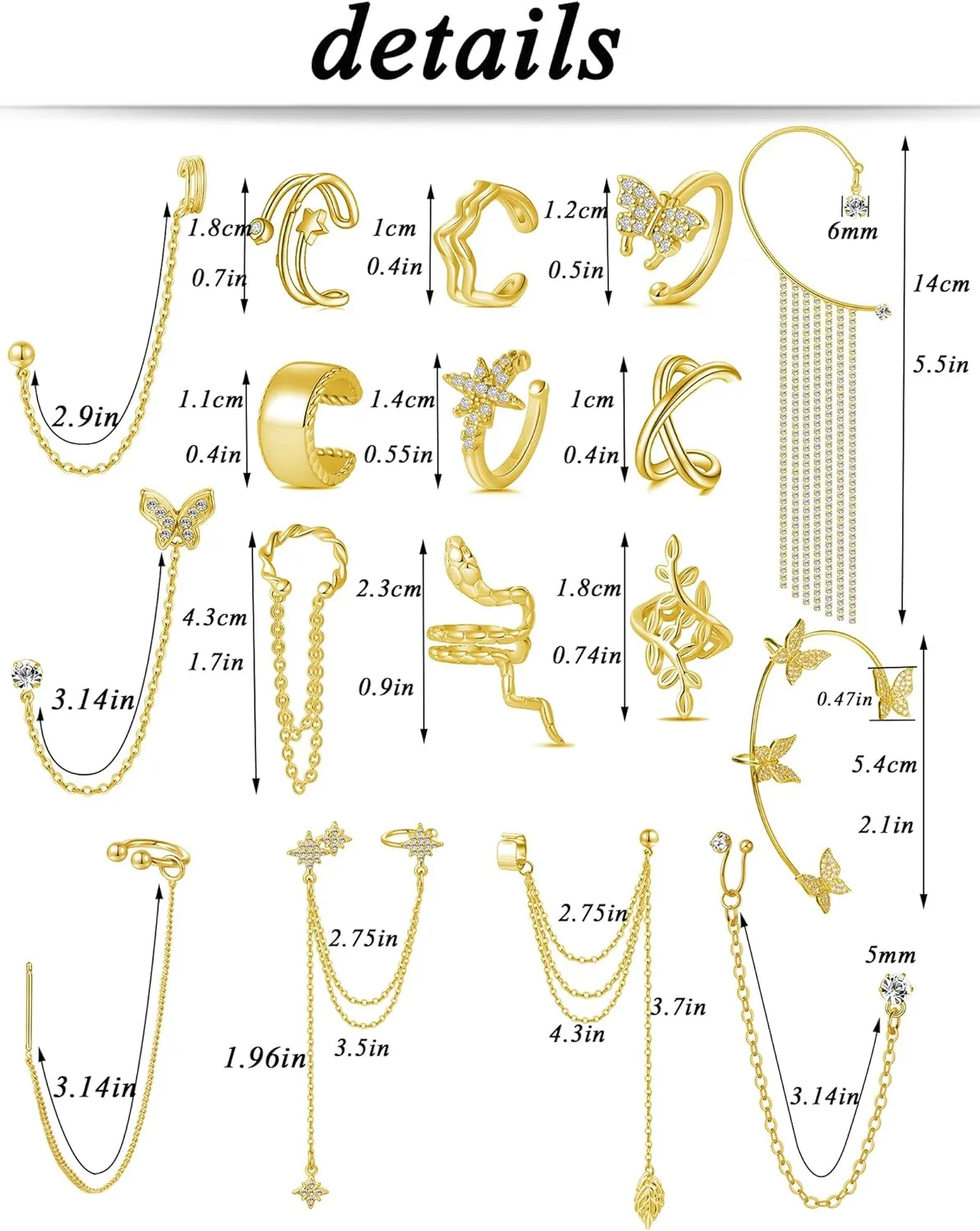 Tornito 17Pcs Ear Cuffs Chain Earrings Snake Butterfly Leaf Non Piercing Clip on Earring Fake Helix Cartilage Earrings Ear Clip Jewelry Silver Gold Tone