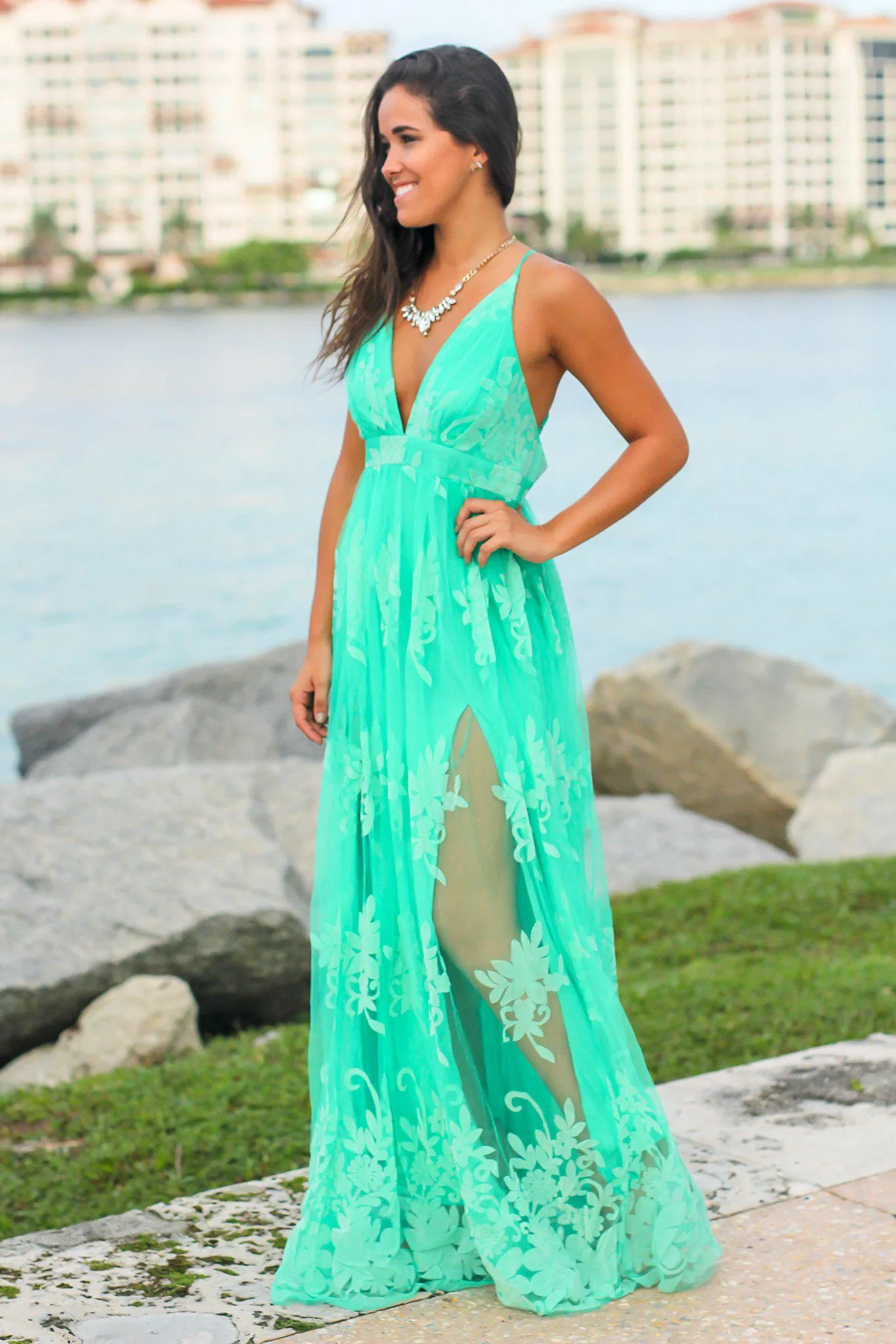 Turquoise Floral Tulle Maxi Dress with Criss Cross Back