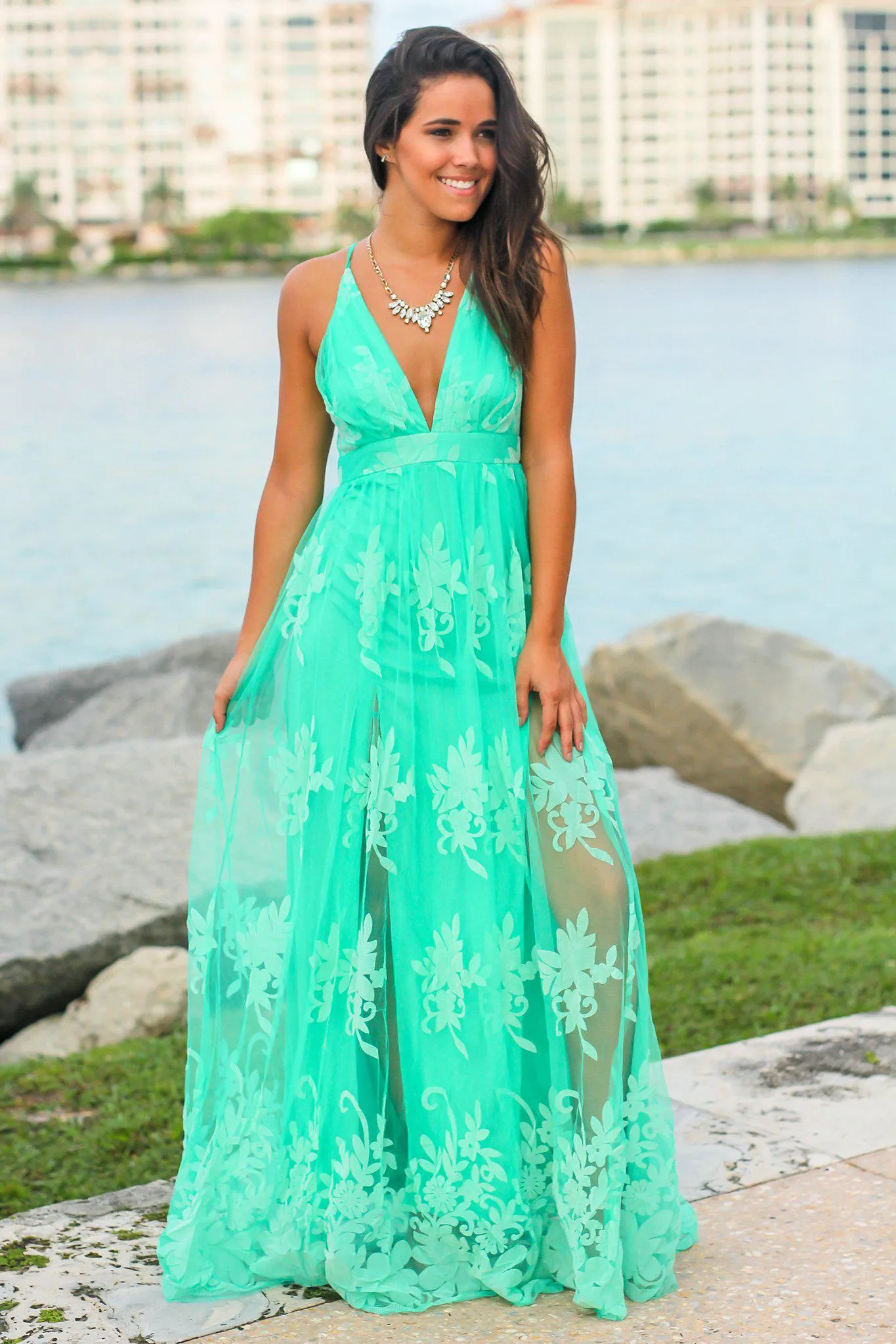 Turquoise Floral Tulle Maxi Dress with Criss Cross Back