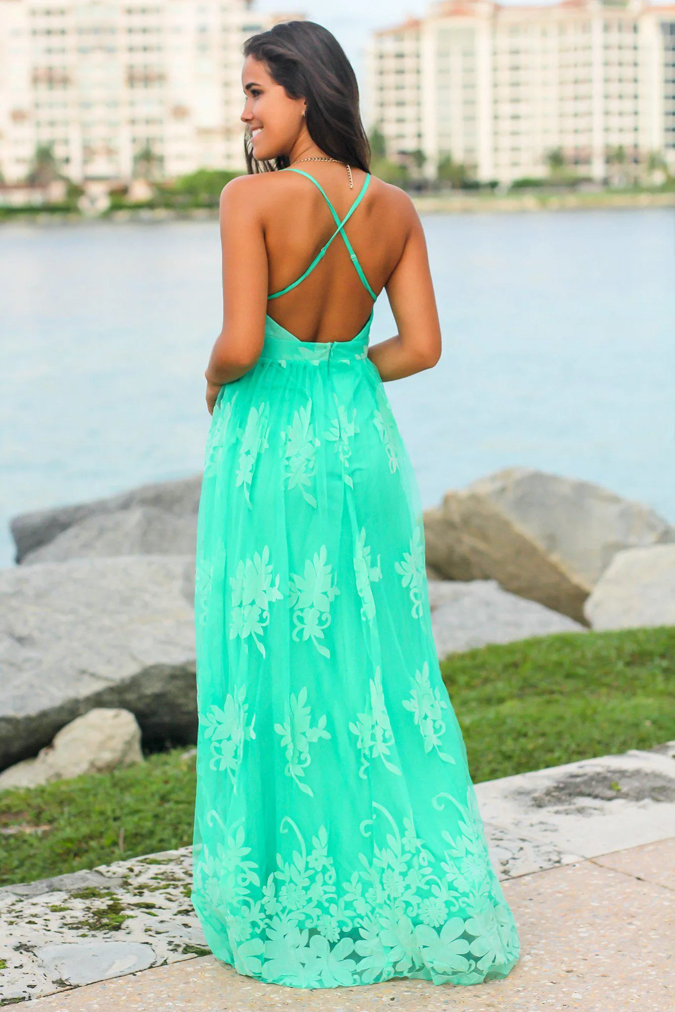 Turquoise Floral Tulle Maxi Dress with Criss Cross Back