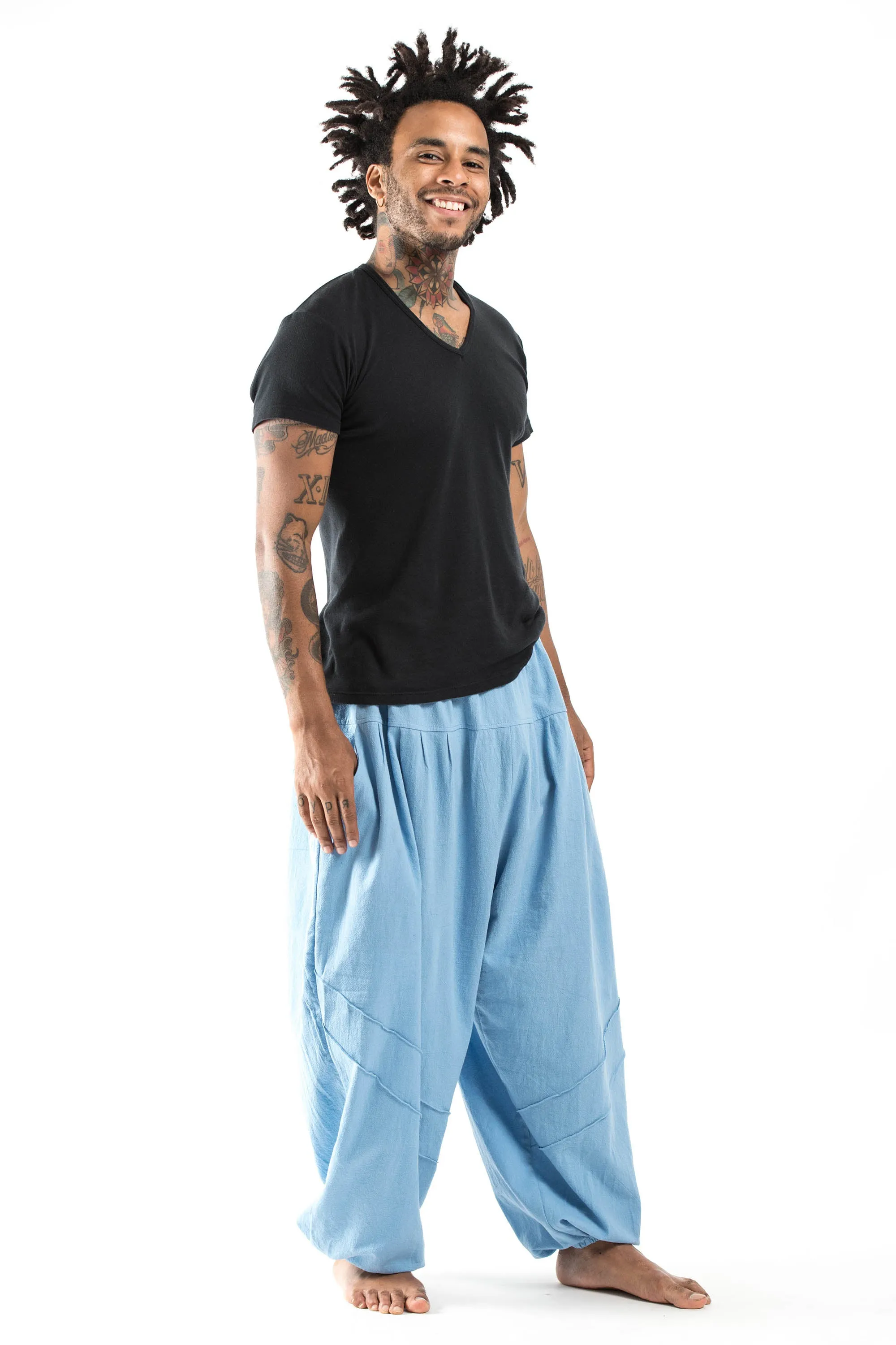 Unisex Genie Cotton Harem Pants in Light Blue
