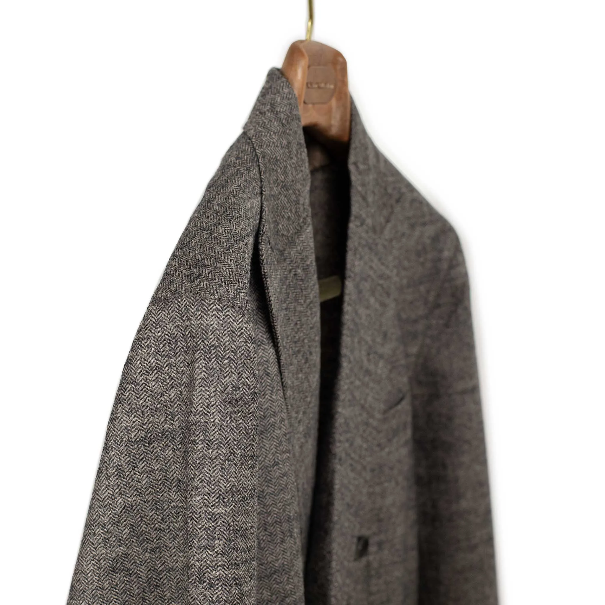Unstructured double-breasted jacket in dark brown and taupe wool herringbone