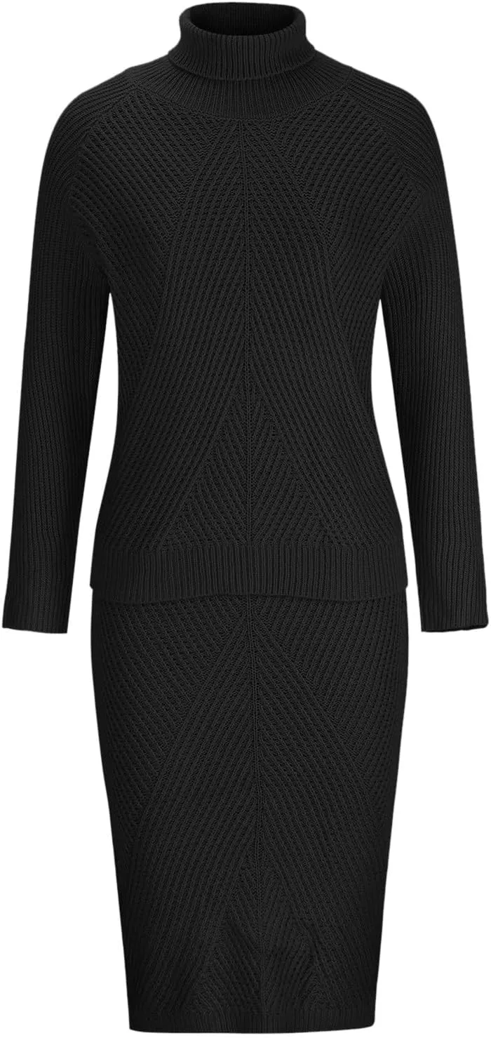 Vifucz Skirt Sets Women 2 Piece Outfits Turtleneck Knitted Solid Pullover Sweater Stretchy High Waitst Midi Skirt Set S-3Xl