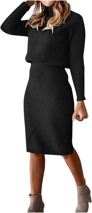 Vifucz Skirt Sets Women 2 Piece Outfits Turtleneck Knitted Solid Pullover Sweater Stretchy High Waitst Midi Skirt Set S-3Xl