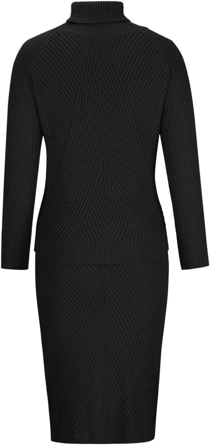 Vifucz Skirt Sets Women 2 Piece Outfits Turtleneck Knitted Solid Pullover Sweater Stretchy High Waitst Midi Skirt Set S-3Xl