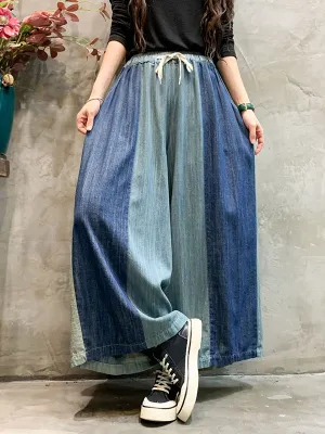 Vintage Loose Wide Leg Contrast Color Bandage Jean Pants Bottoms