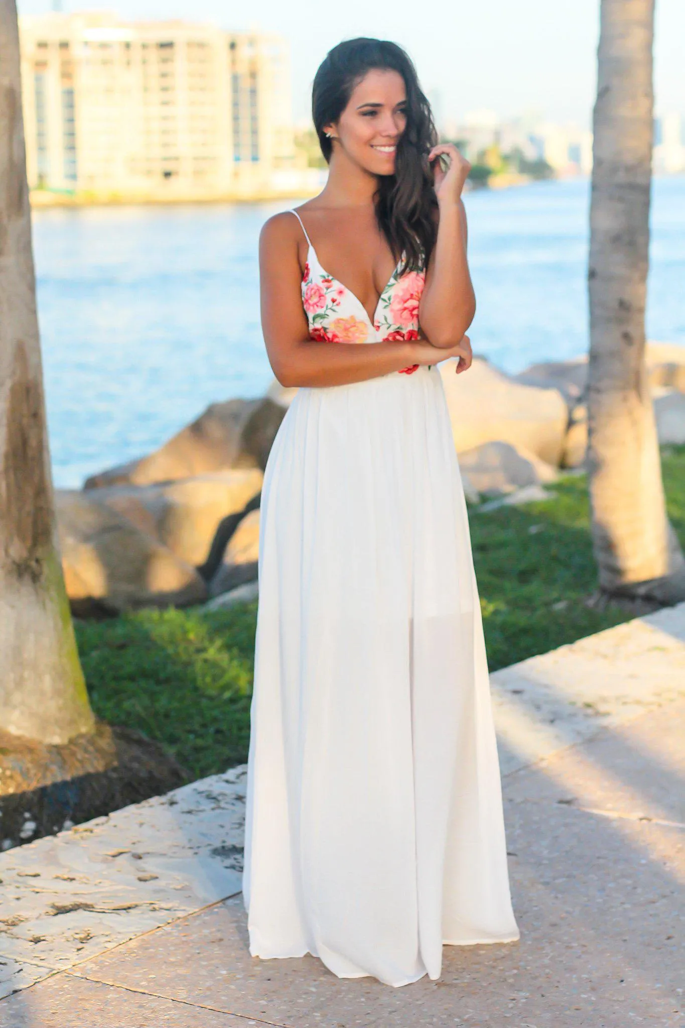 White Maxi Dress with Embroidered Roses