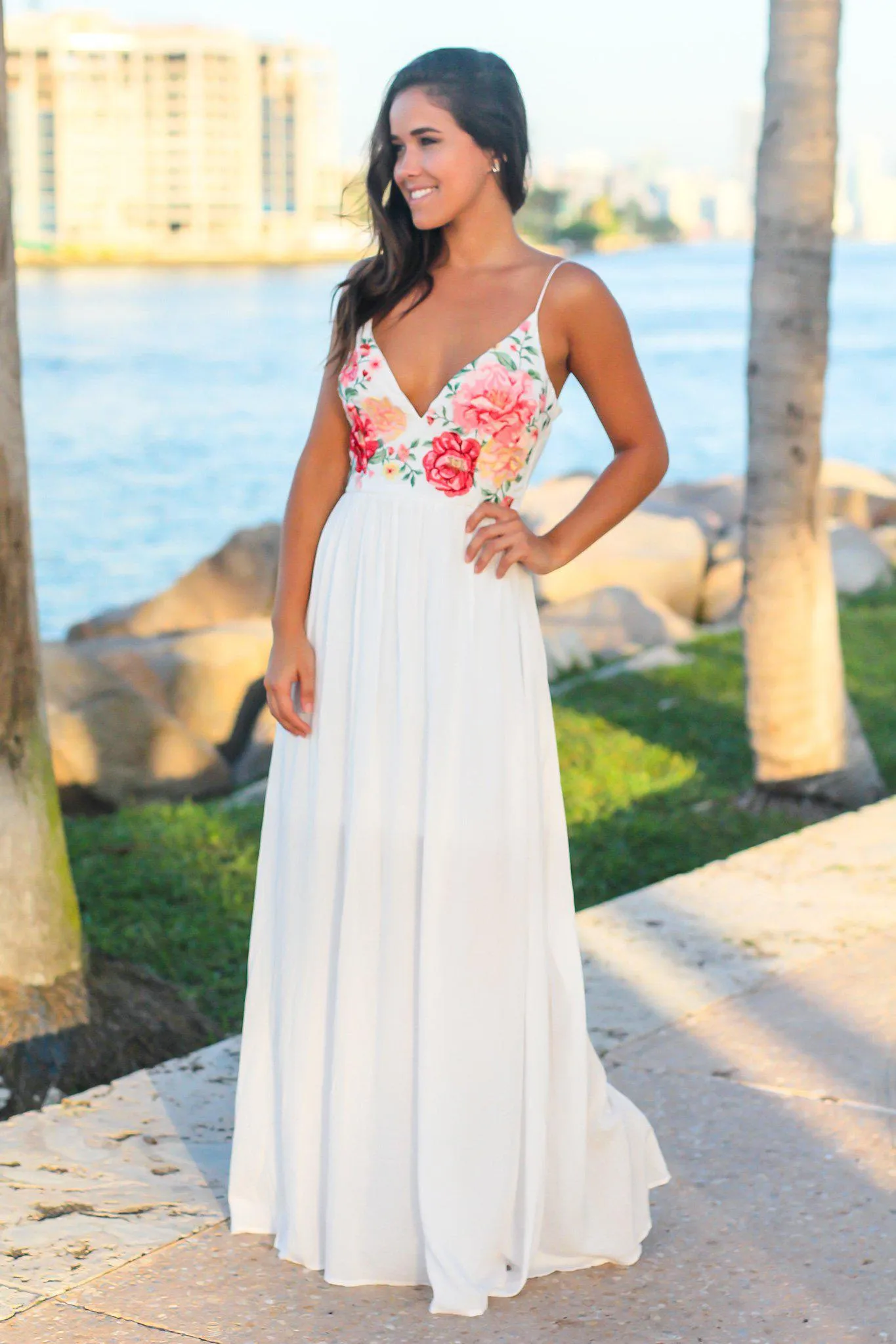 White Maxi Dress with Embroidered Roses