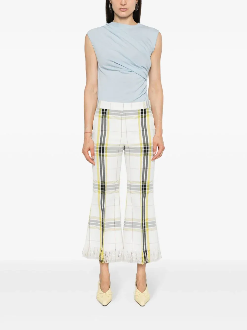 White Yellow Checkered Cropped Pants