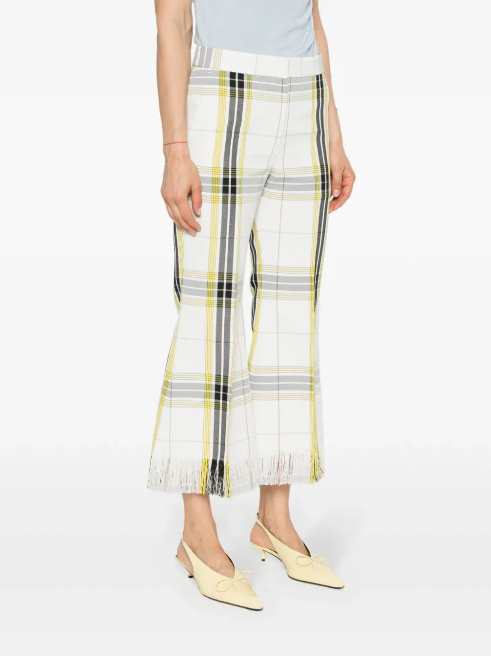 White Yellow Checkered Cropped Pants
