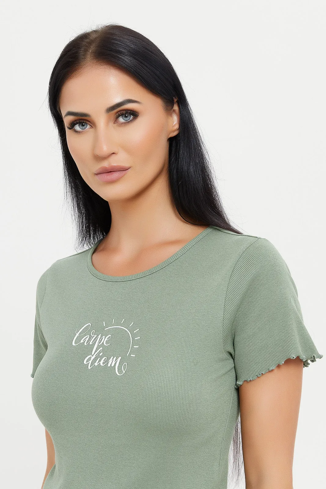Women Green Floral Printed Ribbed T-Shirt