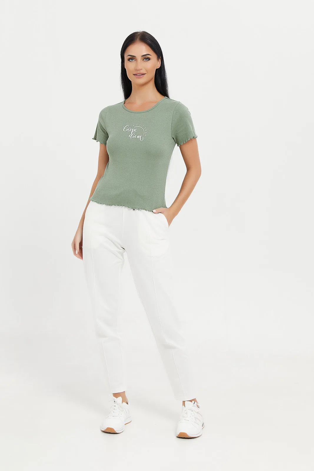 Women Green Floral Printed Ribbed T-Shirt