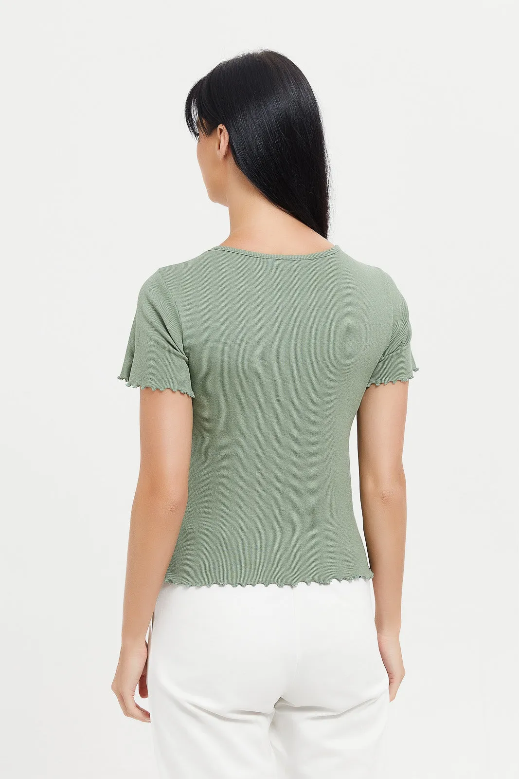 Women Green Floral Printed Ribbed T-Shirt
