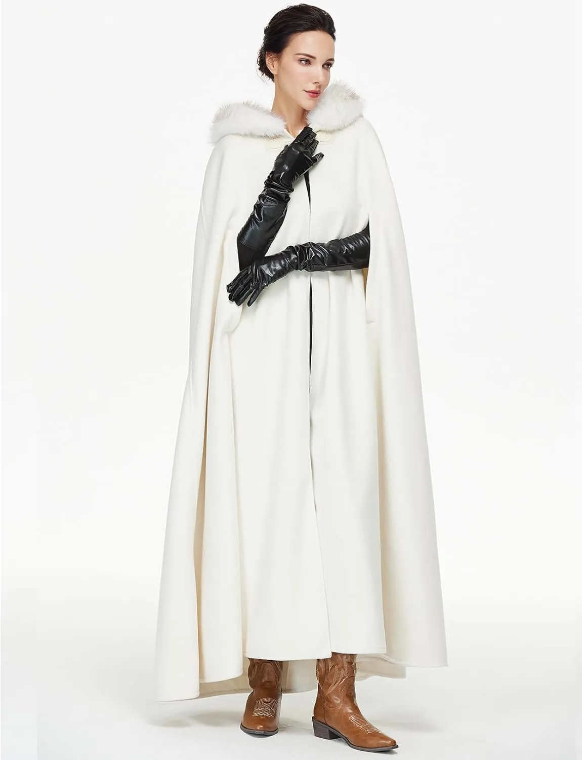 Women Renaissance Cloak Medieval Cape with Faux Fur Hooded for Halloween Cosplay
