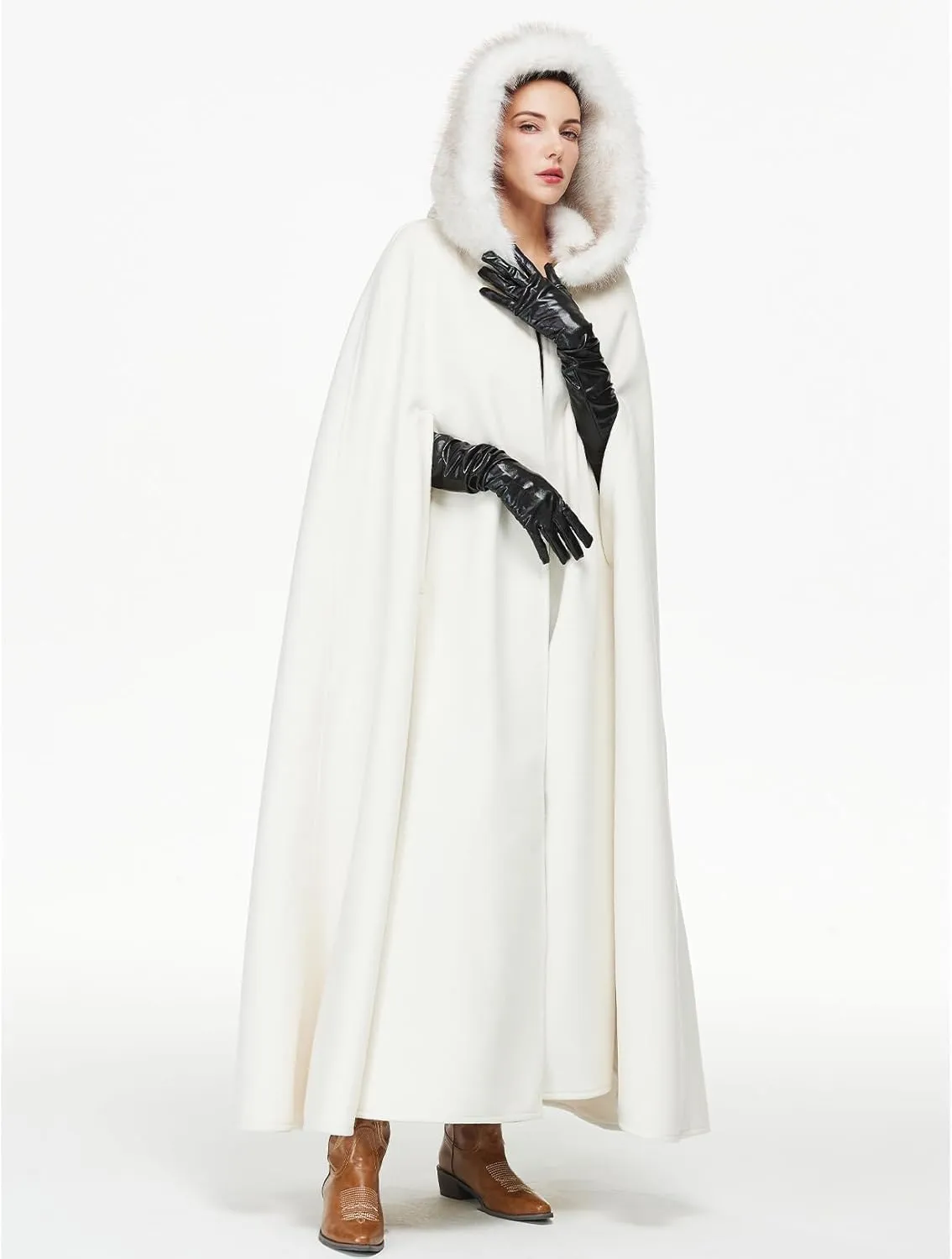 Women Renaissance Cloak Medieval Cape with Faux Fur Hooded for Halloween Cosplay