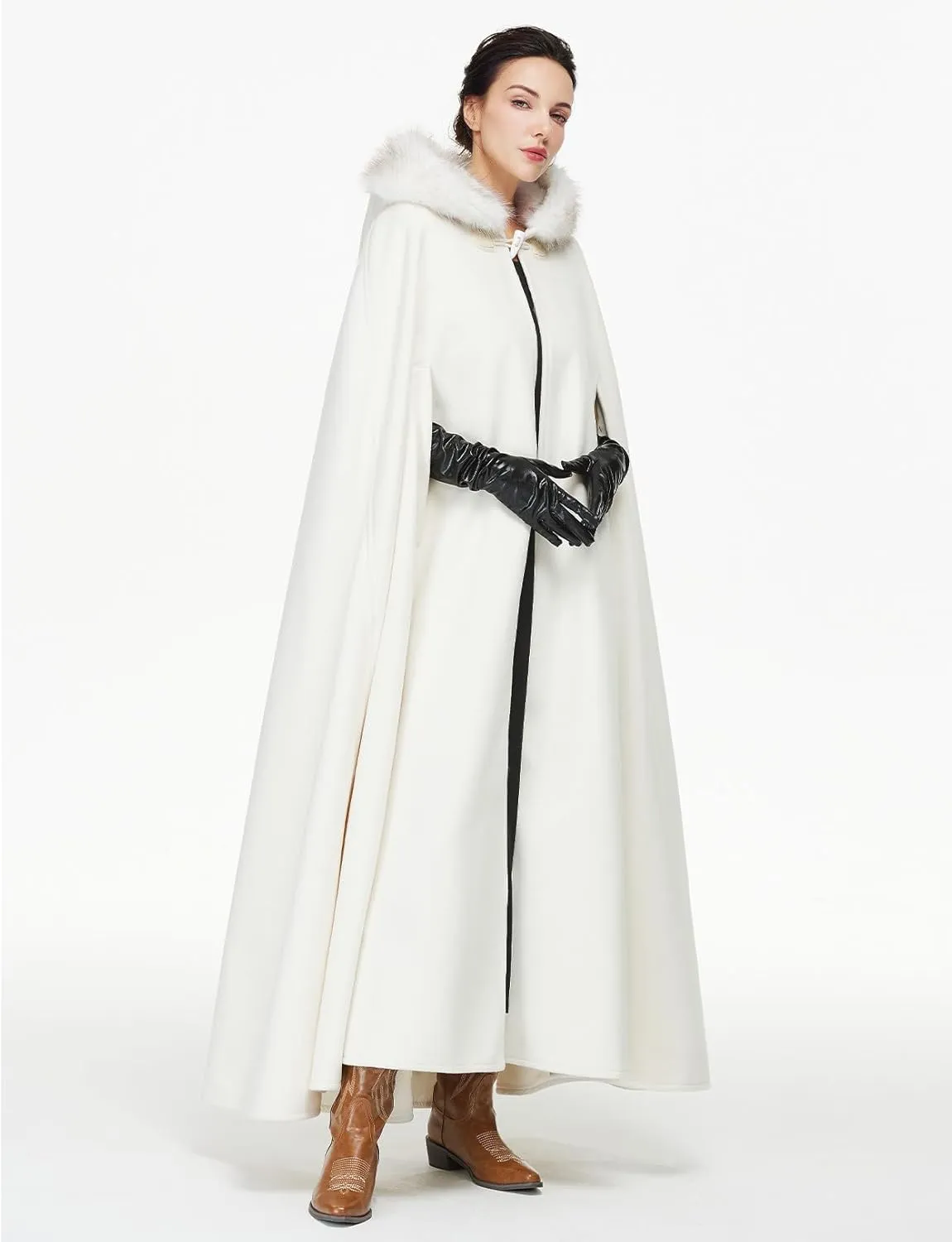 Women Renaissance Cloak Medieval Cape with Faux Fur Hooded for Halloween Cosplay