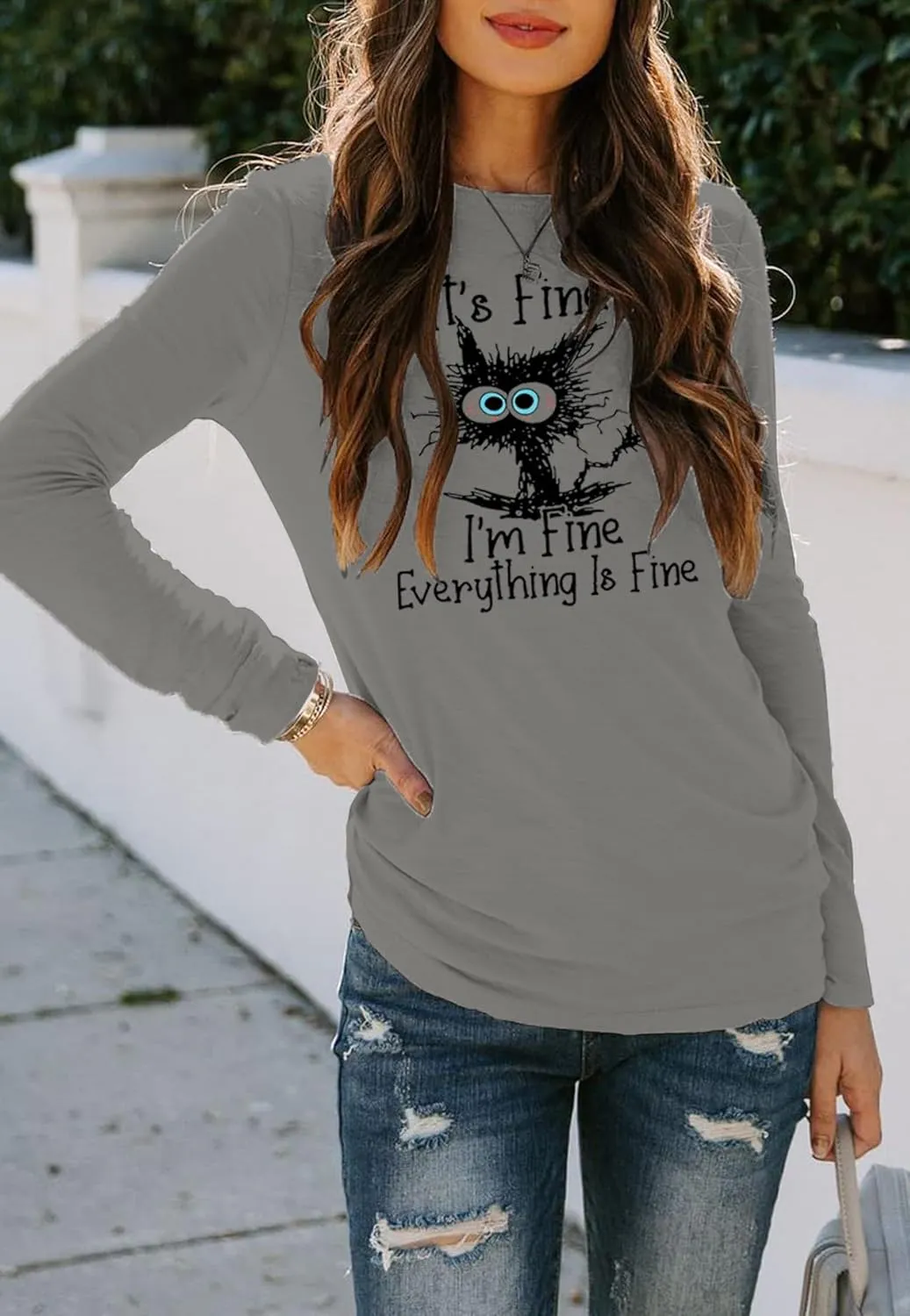 Women's I'm Fine Everything is Fine T-Shirts Long Sleeve Sayings Loose Fit Casual Cute Cat Graphic Crew Neck Tee Blouse Tops