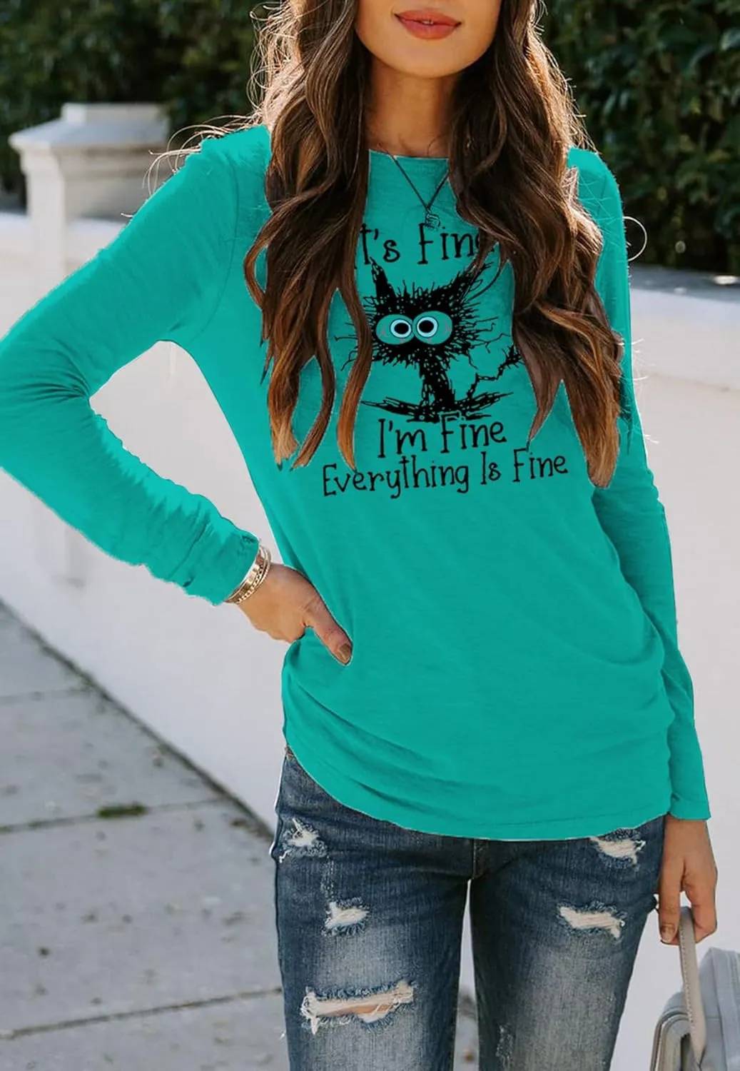 Women's I'm Fine Everything is Fine T-Shirts Long Sleeve Sayings Loose Fit Casual Cute Cat Graphic Crew Neck Tee Blouse Tops