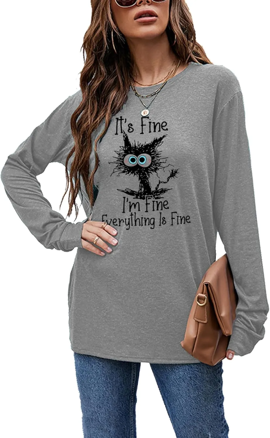 Women's I'm Fine Everything is Fine T-Shirts Long Sleeve Sayings Loose Fit Casual Cute Cat Graphic Crew Neck Tee Blouse Tops
